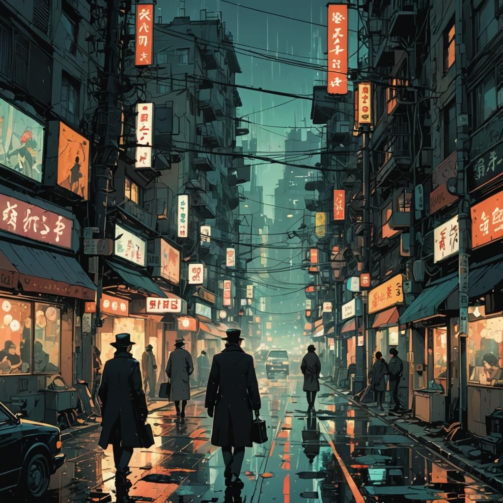 Noir Detective in Japanese City, Anime Style