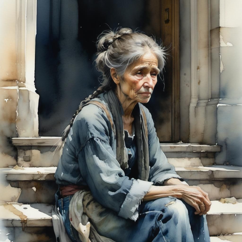 Poor woman at a church door