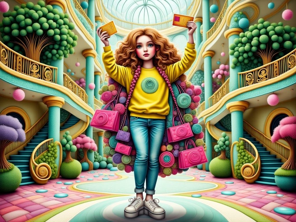 Teenage Girl Shops in 80s Luxury Atrium