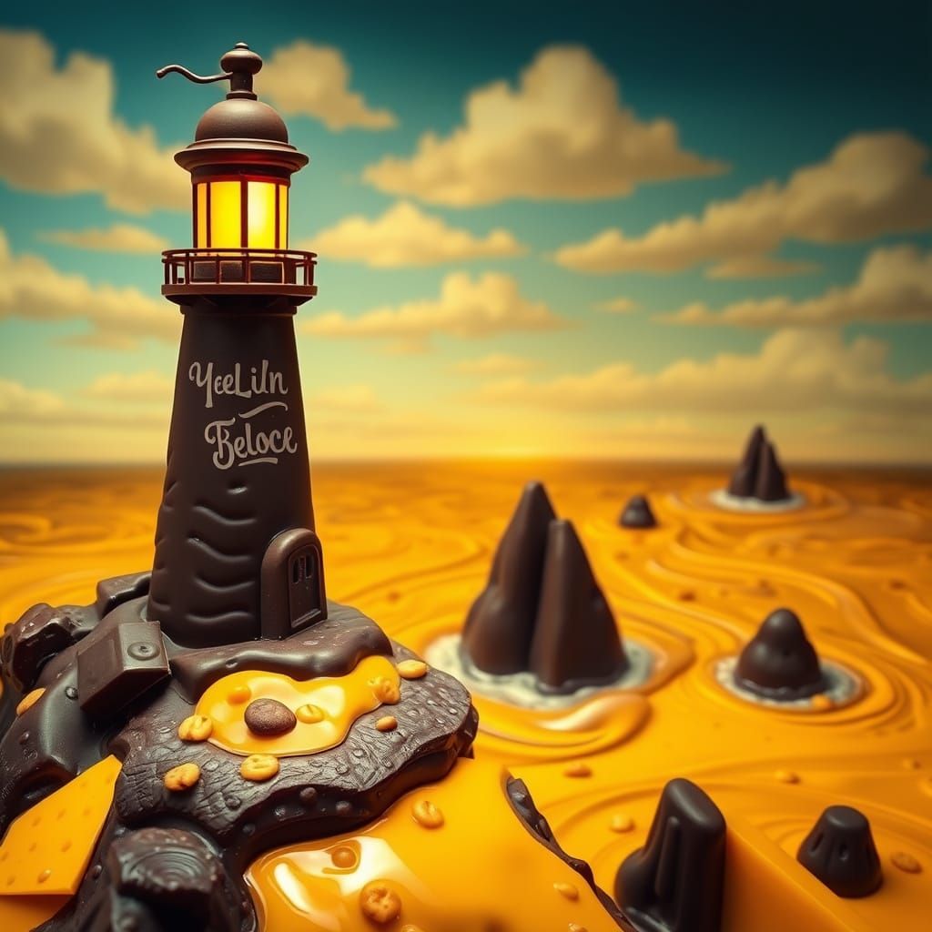 Whimsical Chocolate Lighthouse on Melted Cheese Ocean