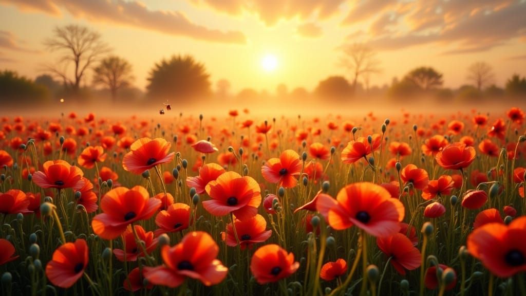 Dreamy Poppy Field at Dusk in Hyperrealistic Style