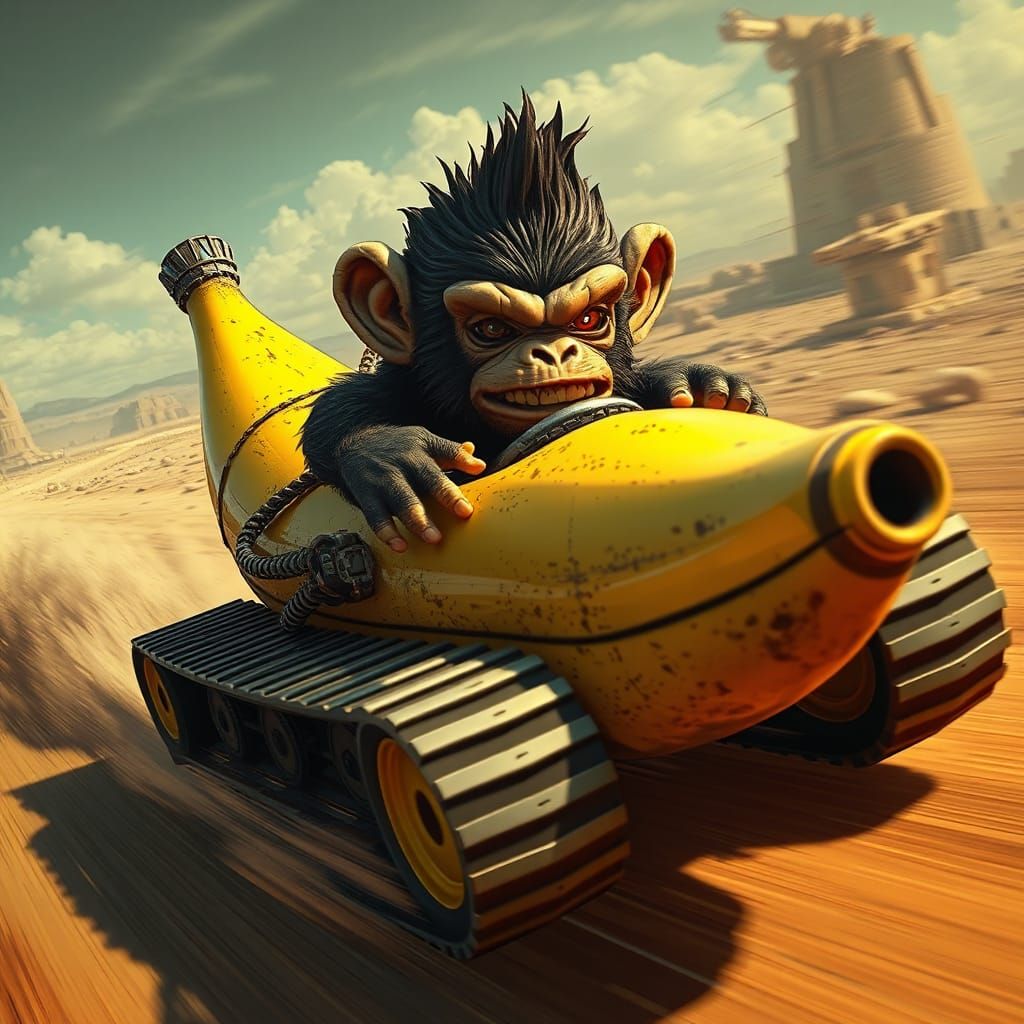 Chibi Chimpanzee Races Banana Tank in Mad Max Style