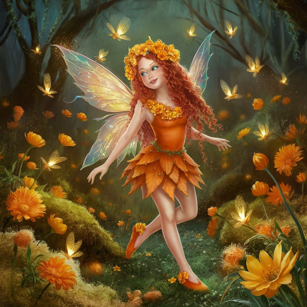 Fairy in Orange Dress in Magical Forest Illustration