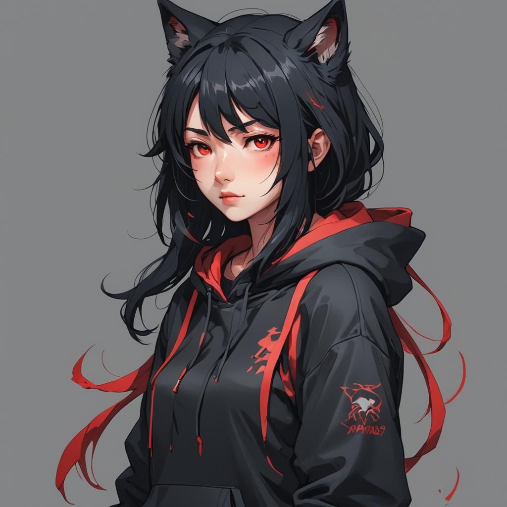 Anime Wolf Girl with Red Streaks