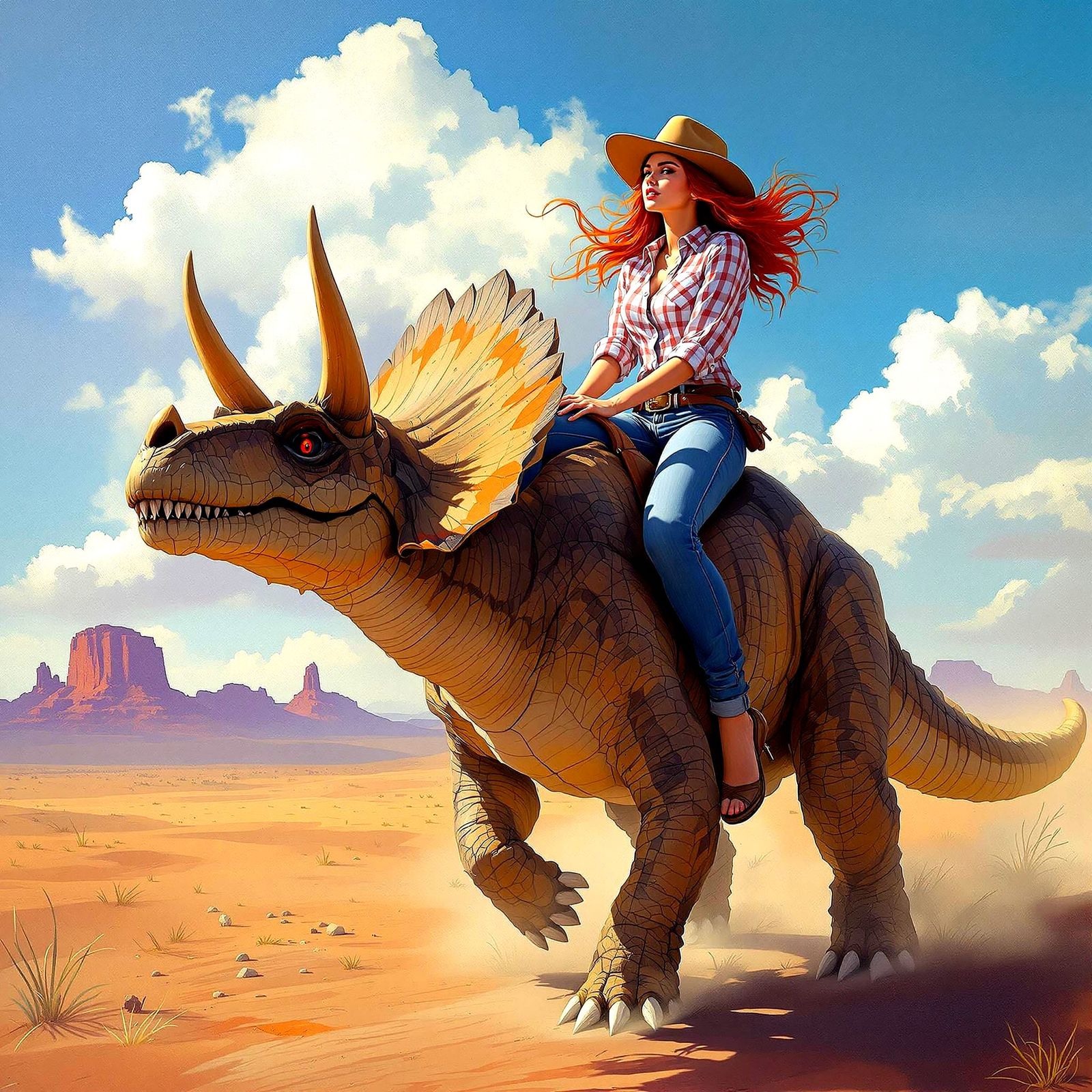 Cowgirl Rides Triceratops in Alien Desert, Impressionism