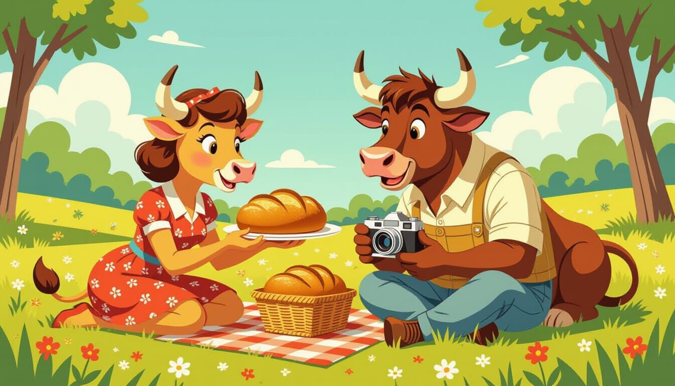 1950s Bull Family Picnic in Meadow Illustration