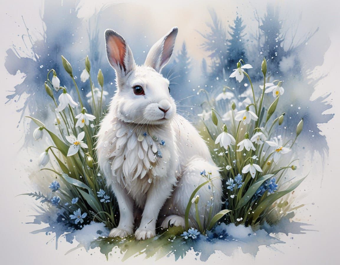 White Hare Amidst Snowdrops in Painterly Realism