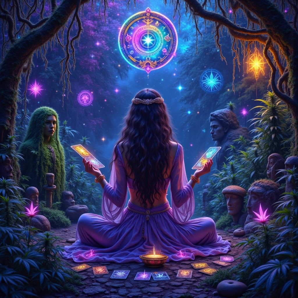 Mystical Fortune Teller in a Bioluminescent Garden