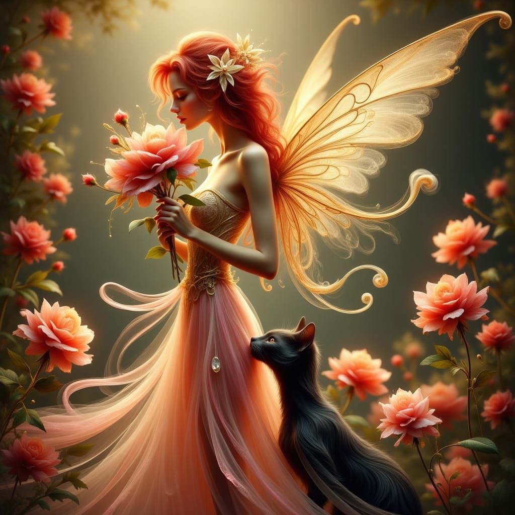 Whimsical Fairy in a Vibrant Rose Garden
