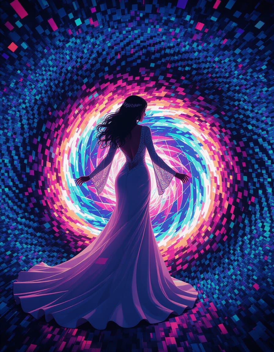 Enchantress Casting Spell in Glitch Art Style