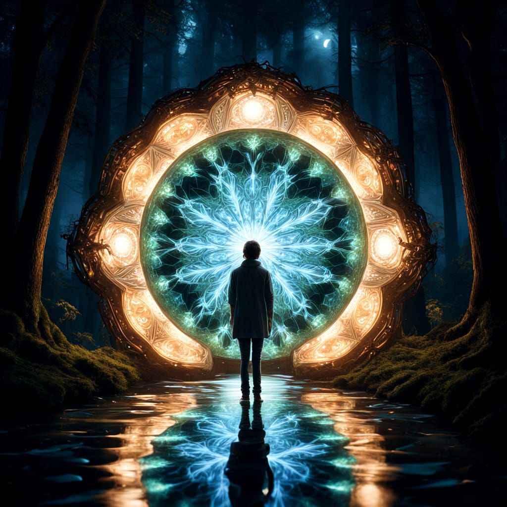 Scientist Steps Through Portal in Kaleidoscope Art