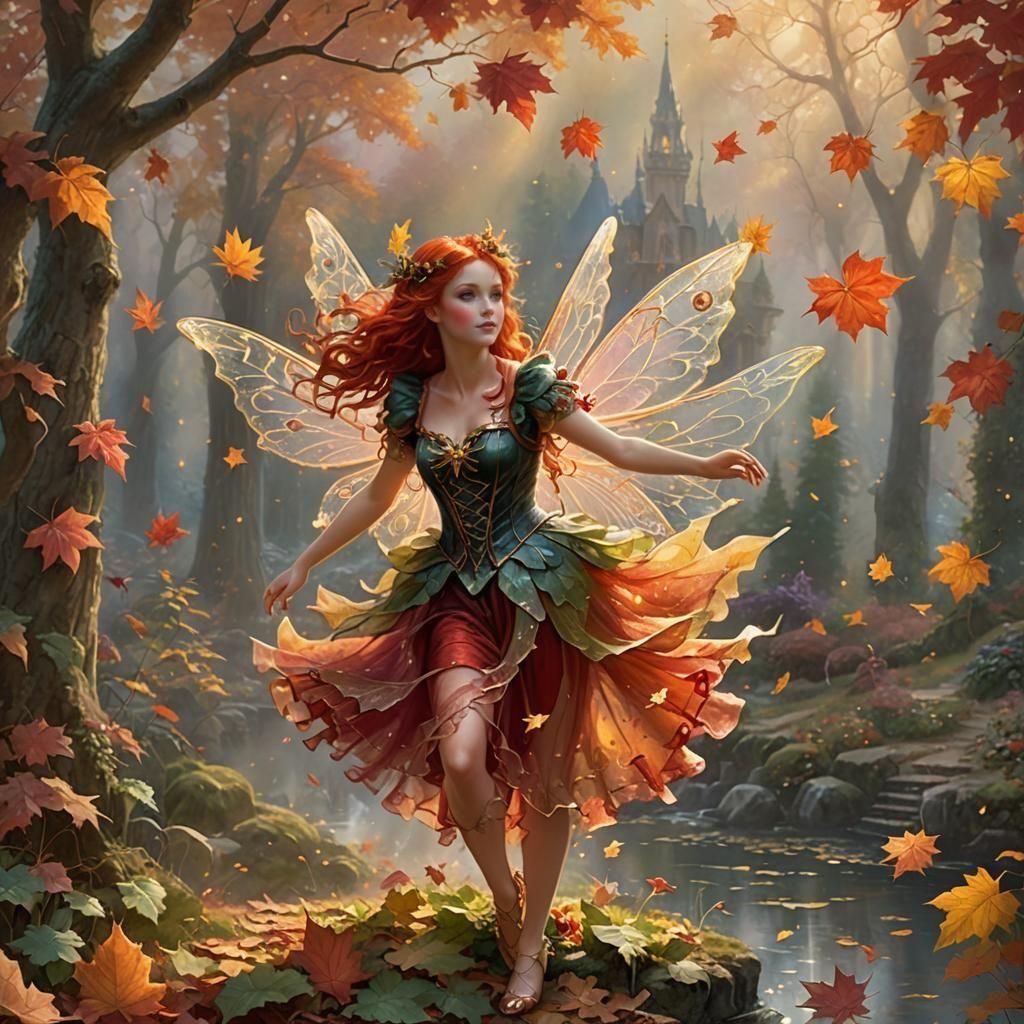 Ethereal Autumn Fairy Dancing in Misty Forest