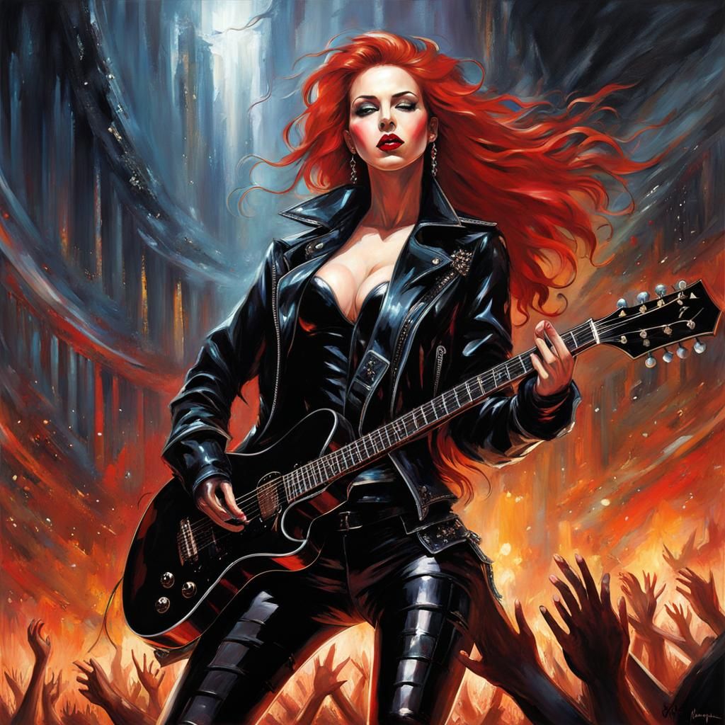 """"full Portrait of a beautiful woman, disheveled red hair,, red lips, black modern latex clothes, pants and jacket, bl...