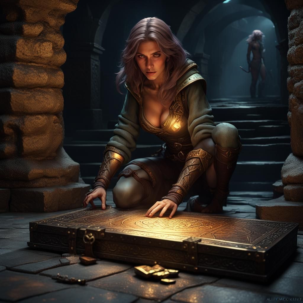 Female Rogue Opening Treasure Chest, Dark Fantasy Art