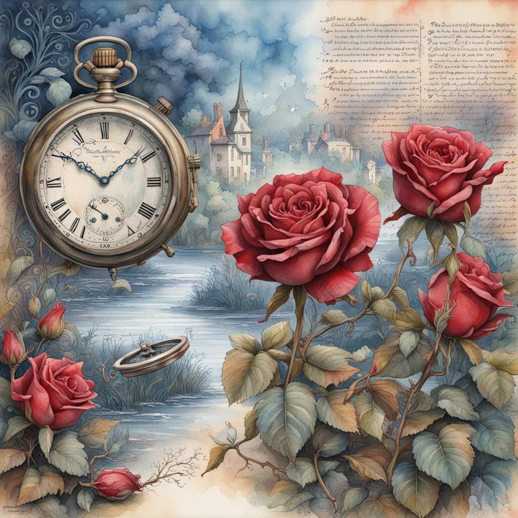 Floral Journal Page with Pocket Watch, Watercolor Style