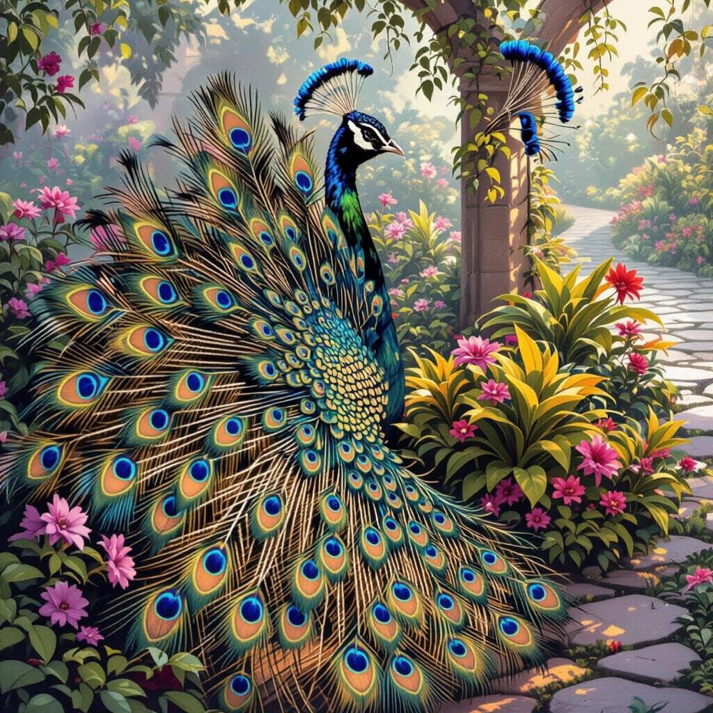 Majestic Peacock in Lush Garden Hyperrealism