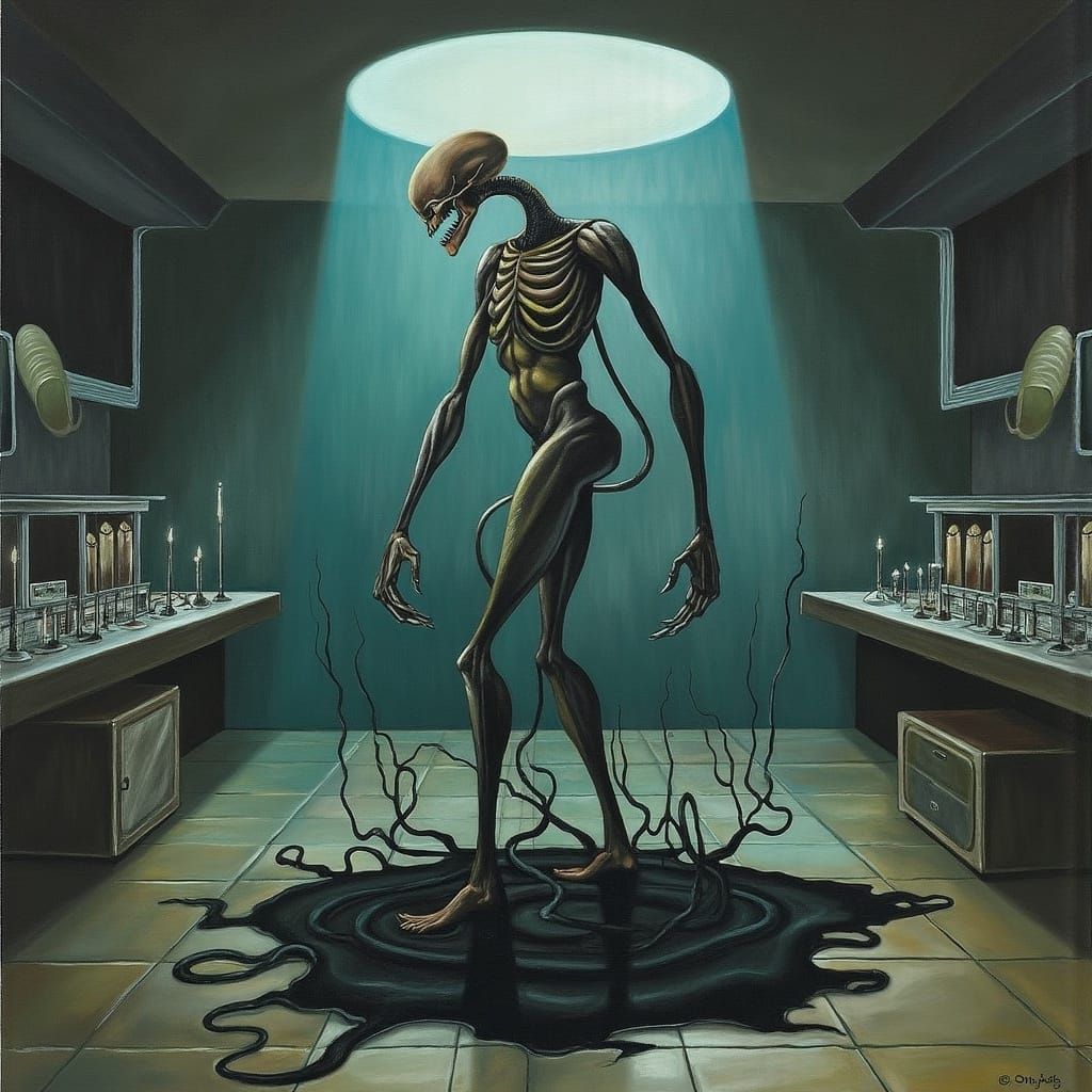 Grotesque Tendril Creature Emerges in Futuristic Lab