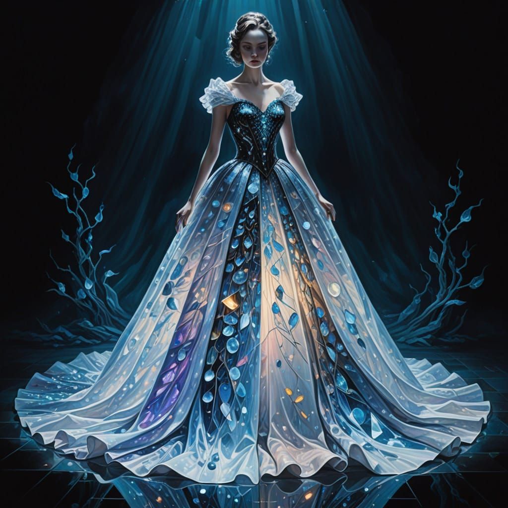 Surreal Woman in Gemstone Ballgown, Dark Mystic Background