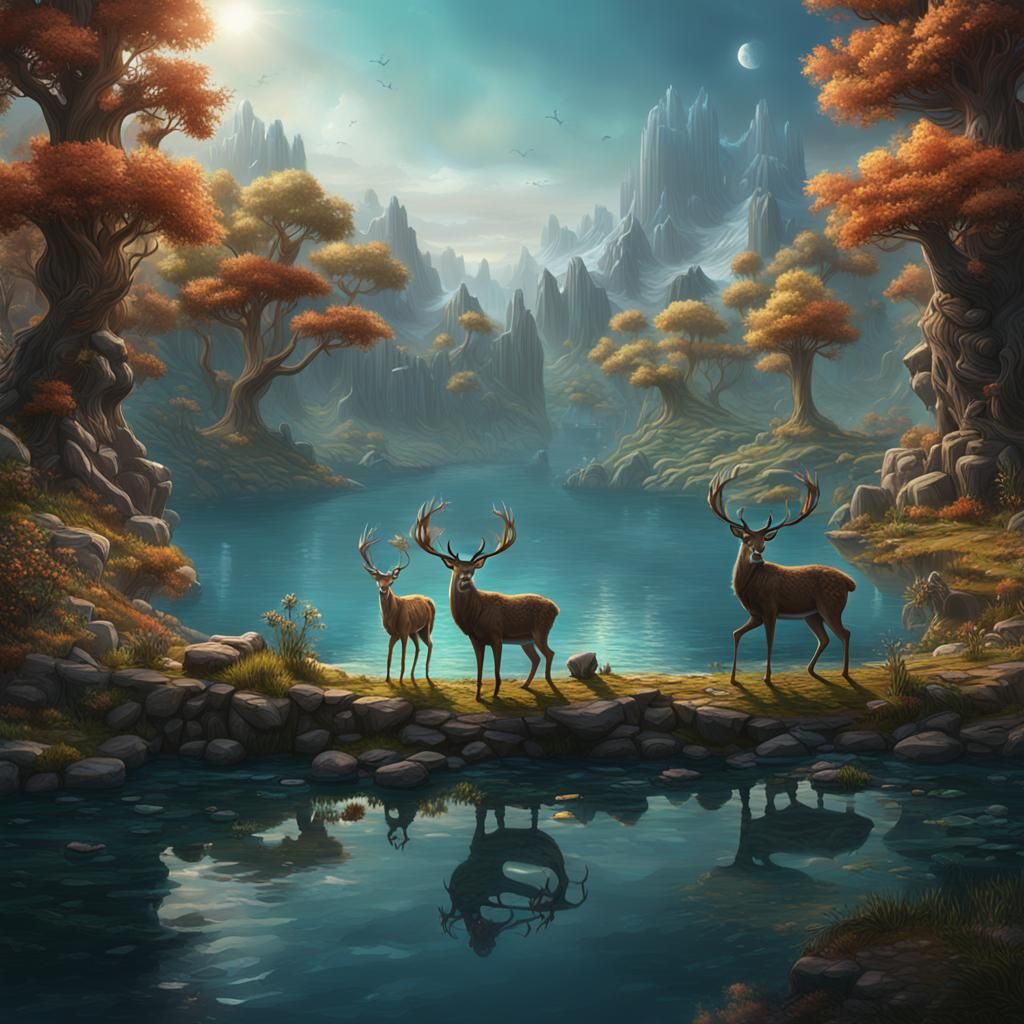 Lion and Deer Drinking at Lake, Fantasy Art