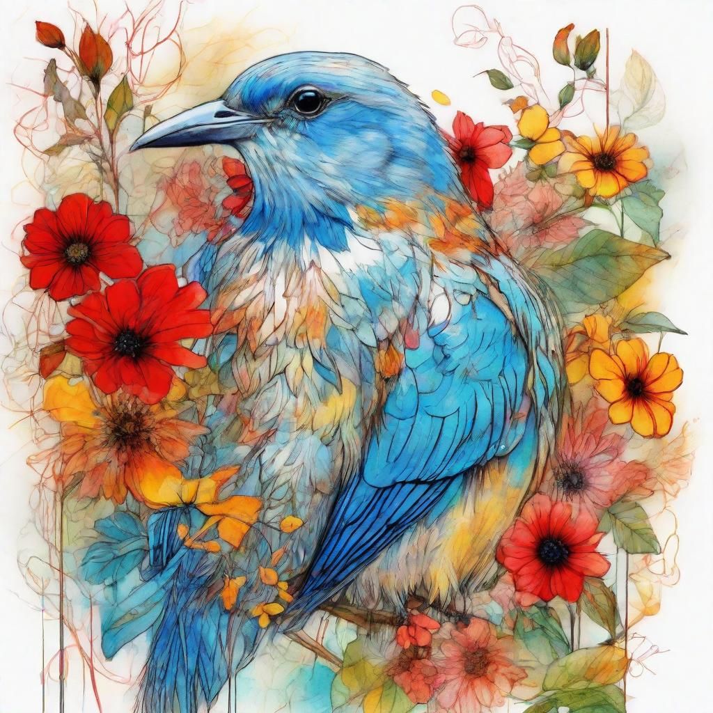 Bluebird with Flowers Illustration in Folk Style