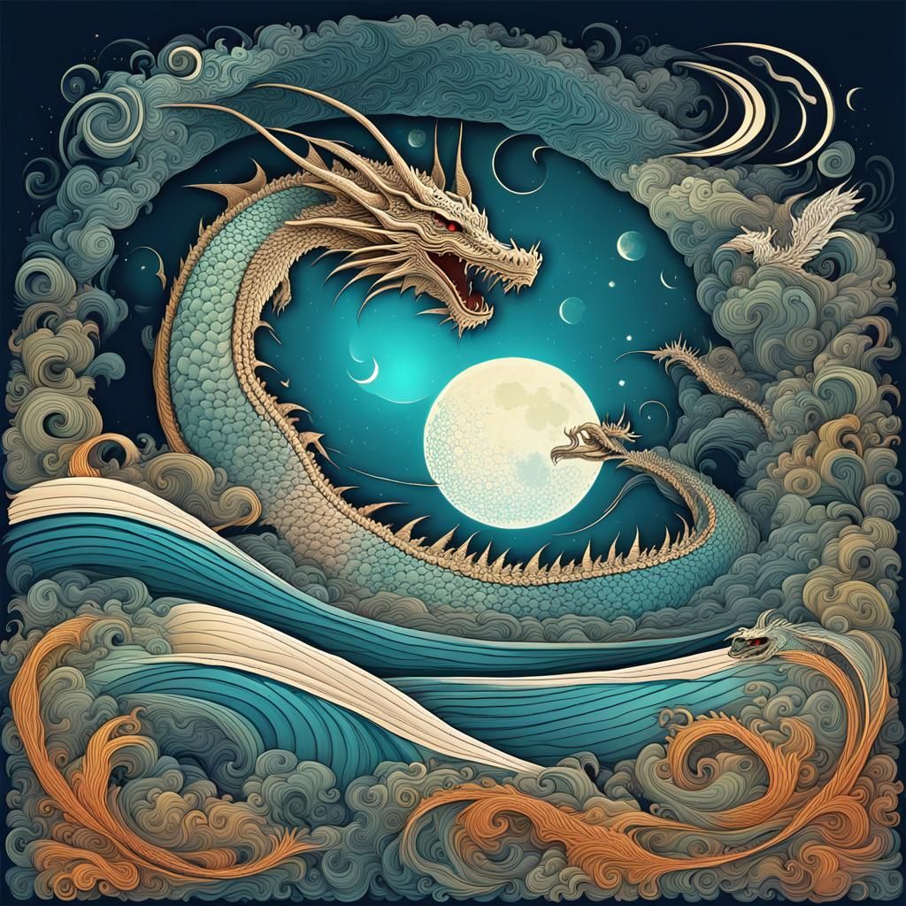 Dragon Circling Moon on Island with 3D Shading