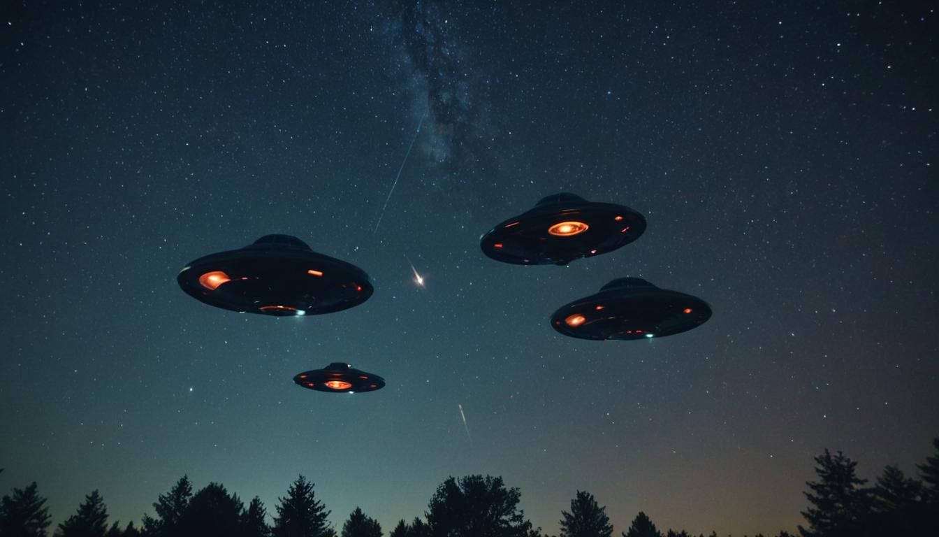 UFOs in Starry Night Sky: Cinematic Film Still