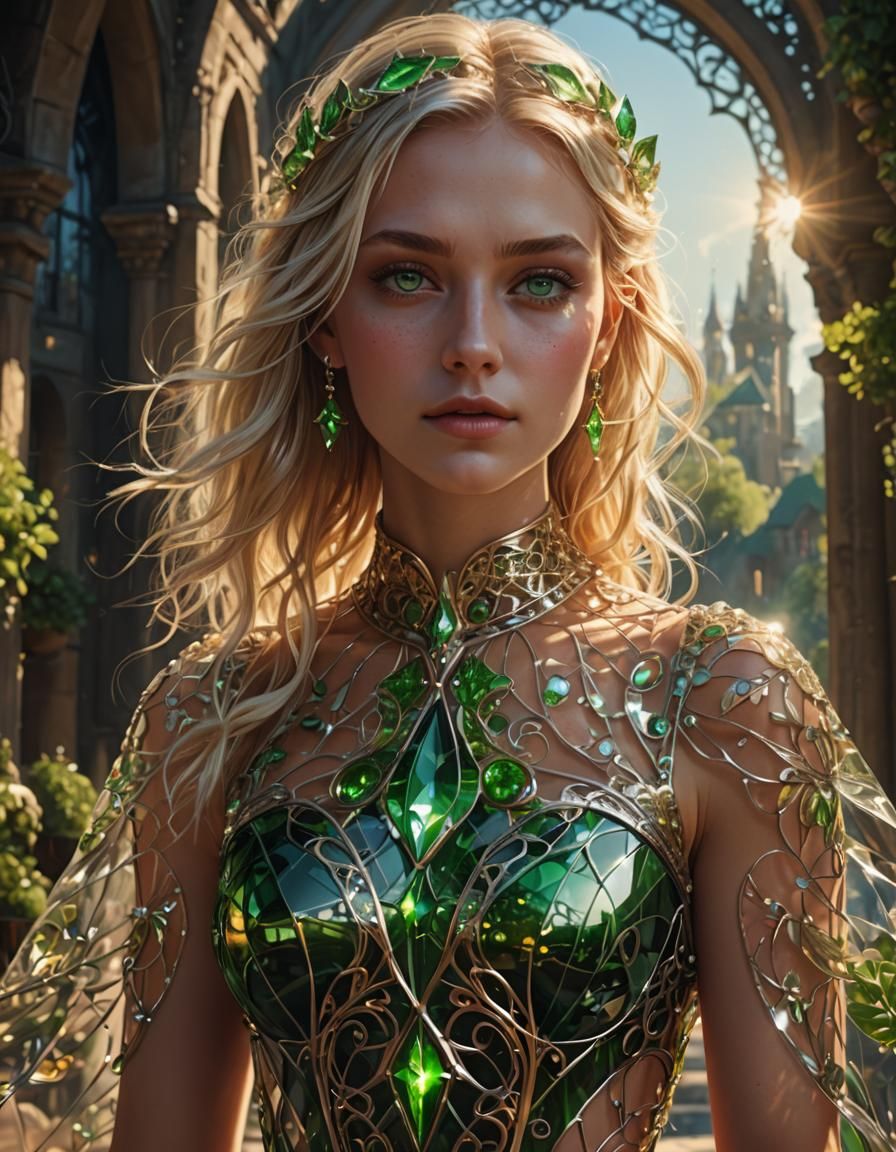 Blonde in Glass Dress: Detailed Fantasy Portrait