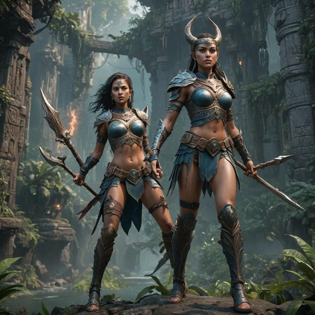 Surreal Epic Amazonian Warrior in Vibrant Fantasy Landscapes