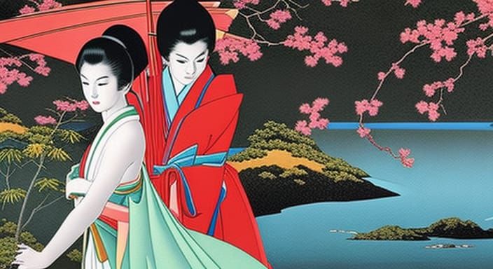 16k resolution, sapphic love in the Taisho era, art by Takabatake Kasho. An intricately detailed, hyperrealistic HDR por...