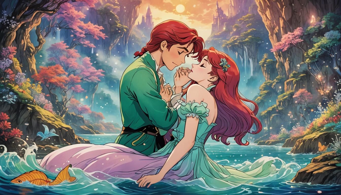 Ariel and Prince Kiss in Vibrant Cove