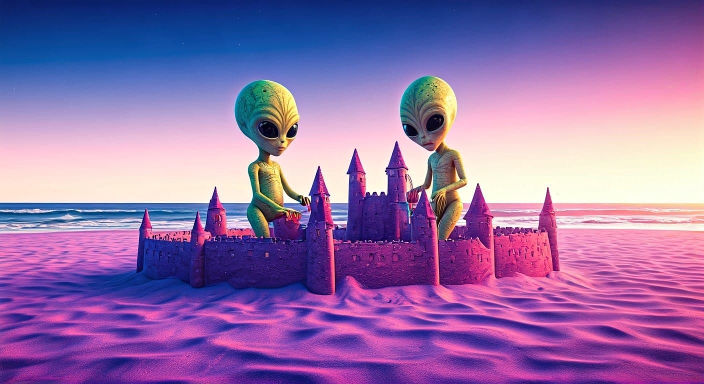 Alien Children Build Sandcastle on Purple Beach