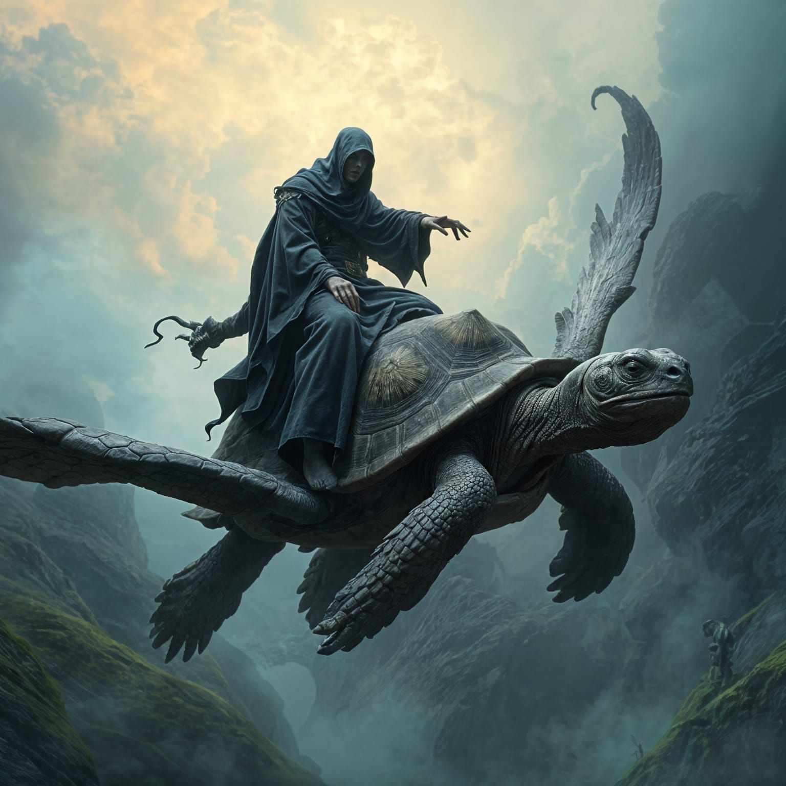 Mystic Lich Sails the Skies on a Majestic Flying Tortoise