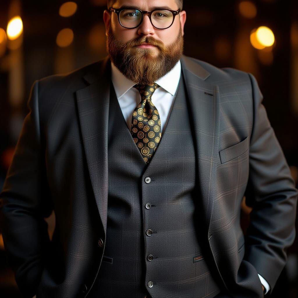 Confident Obese Man in Suit with Large Belly