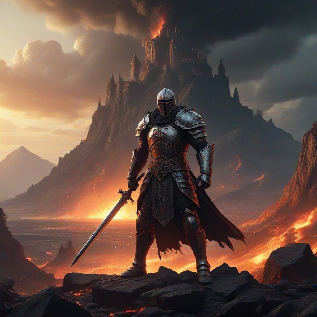 Knight in Dark Fantasy Battle Scene with Volcano and Burning...