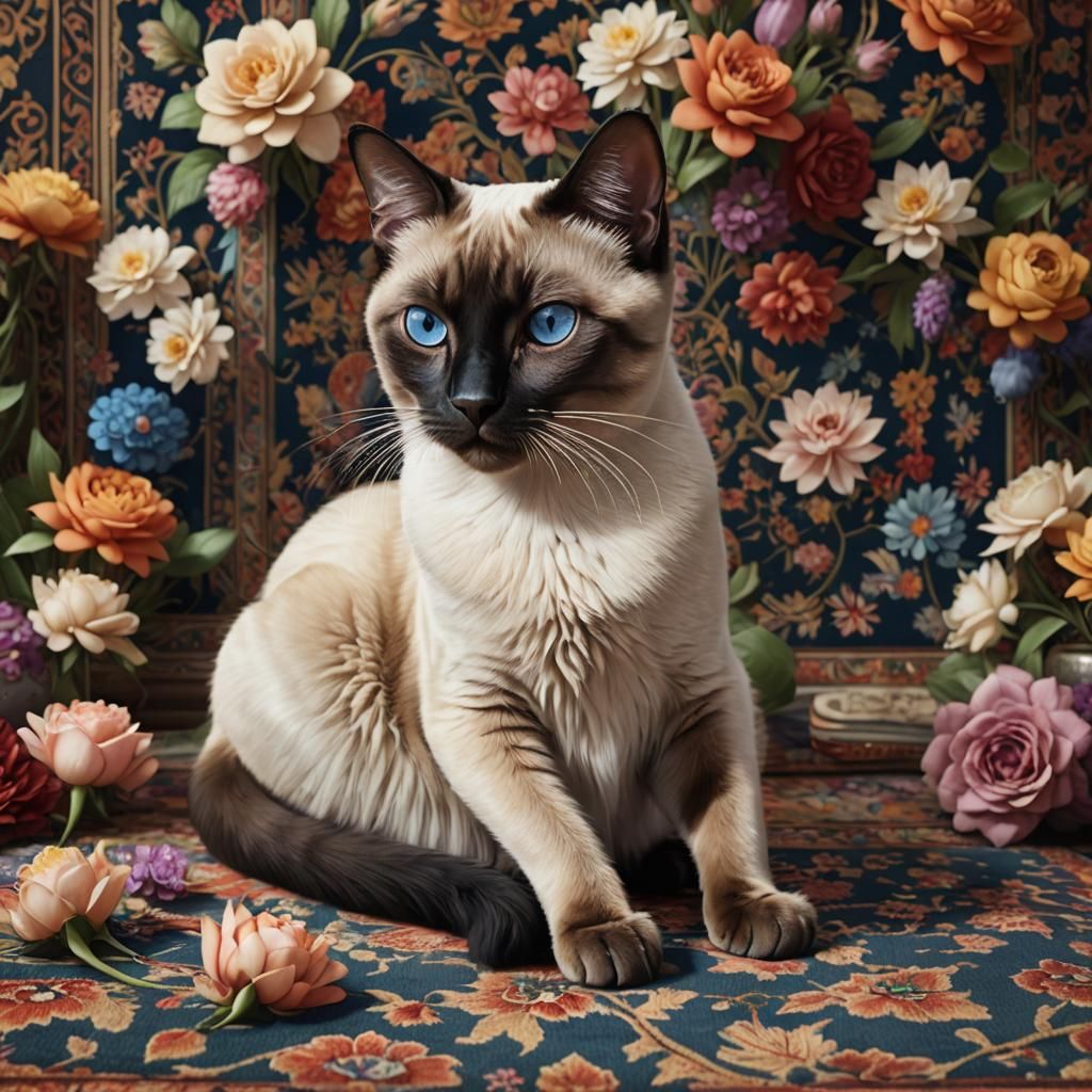 Siamese Cat on Oriental Carpet: Detailed Matte Painting