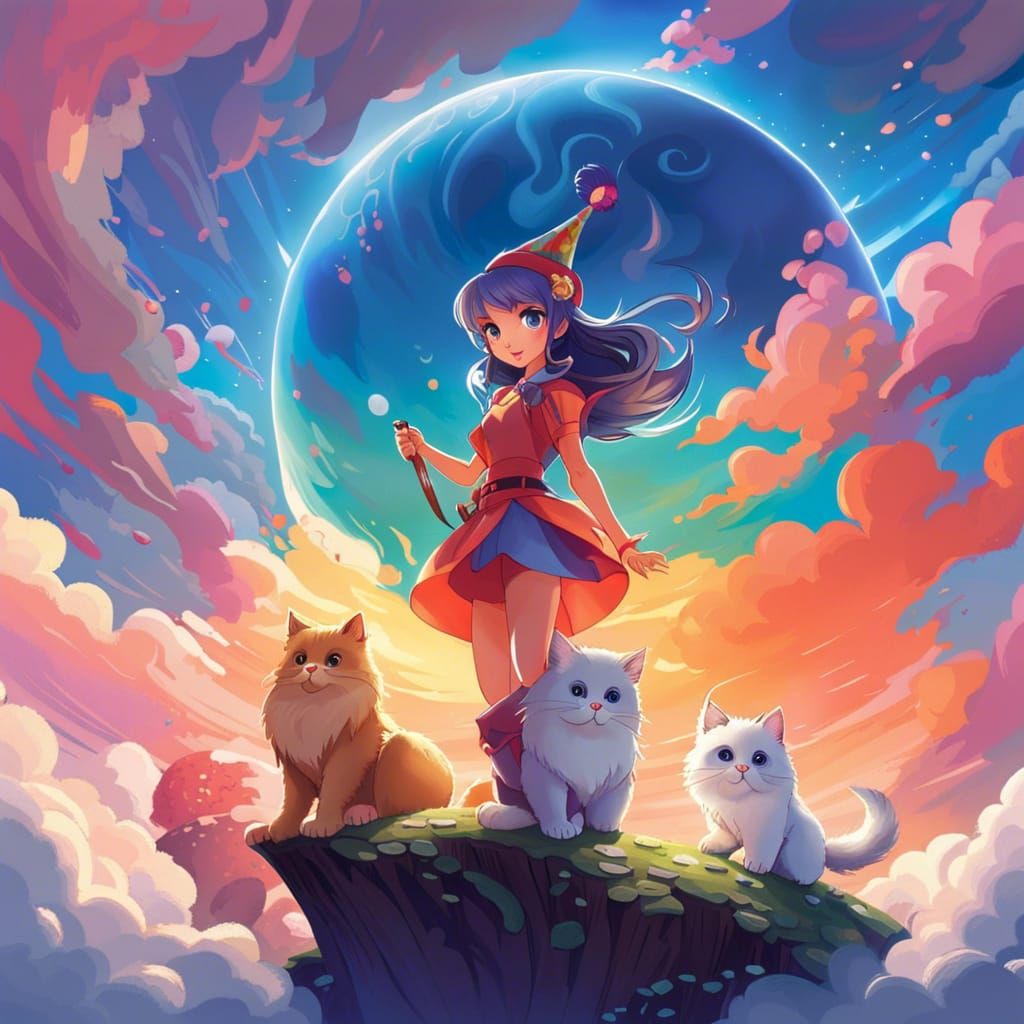 Rainbow Candyland Cat in Watercolor Comic Art