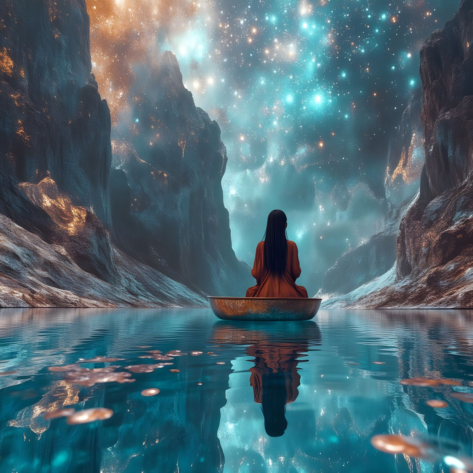 Otherworldly Nebula Landscape with Native Woman in Canoe