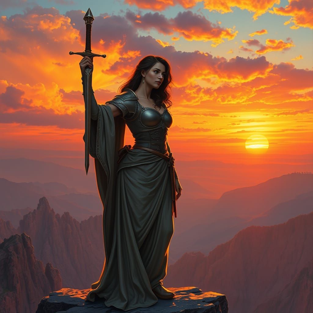 Woman with Sword Contemplates Sunset Vista