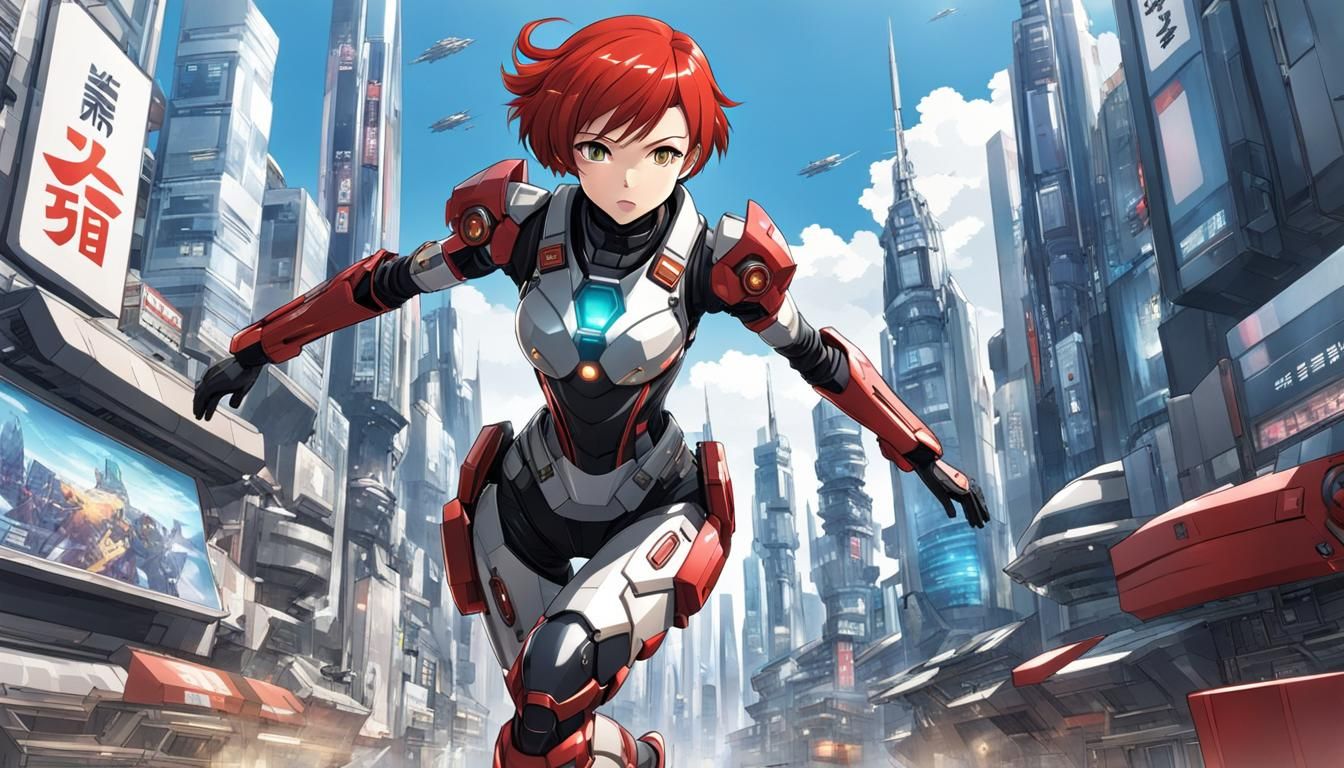 Anime Girl in Futuristic Combat Suit Running in City