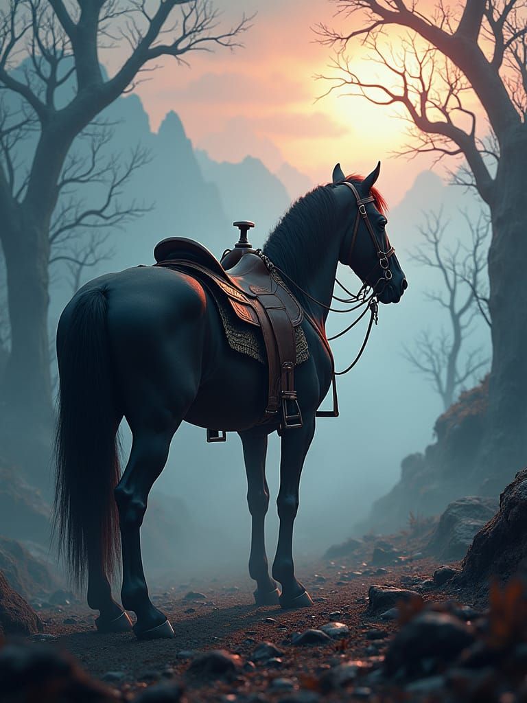 Saddled Horse in Eerie Landscape: Matte Painting