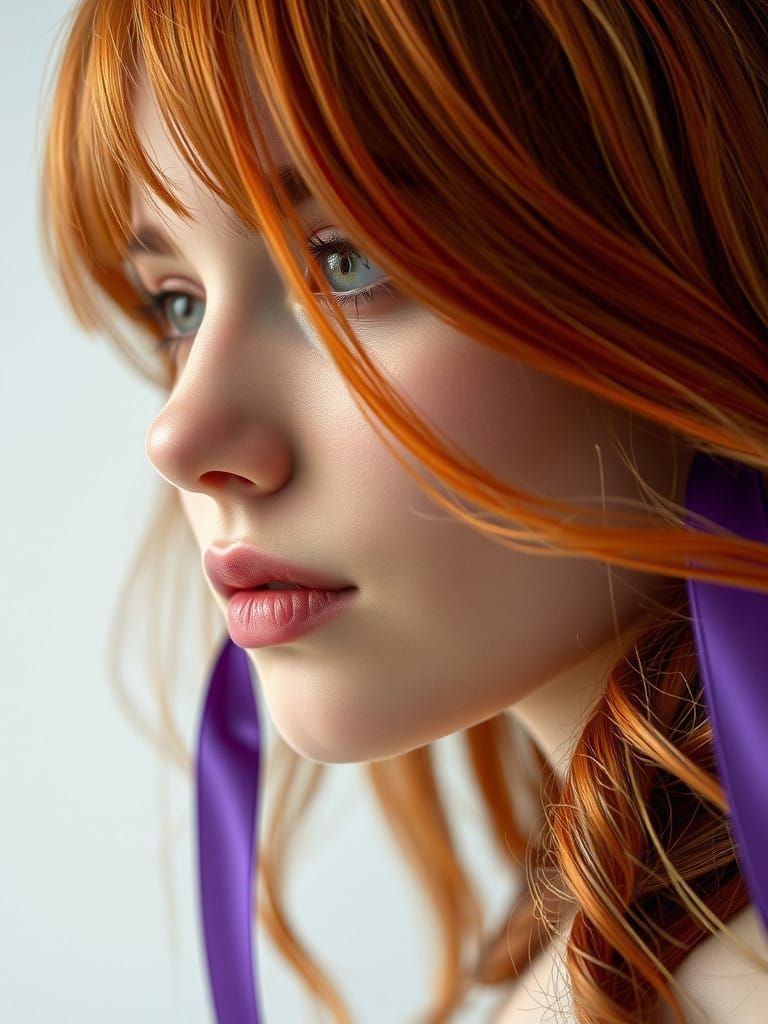 Elegant Woman Wears Purple Ribbon in Her Red Hair in a Close...
