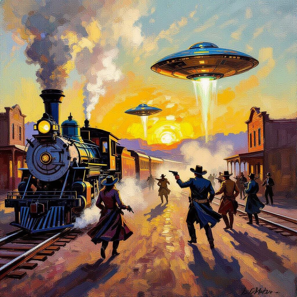 Wild West Train Robbery with Aliens in Neo-Impressionist Sty...