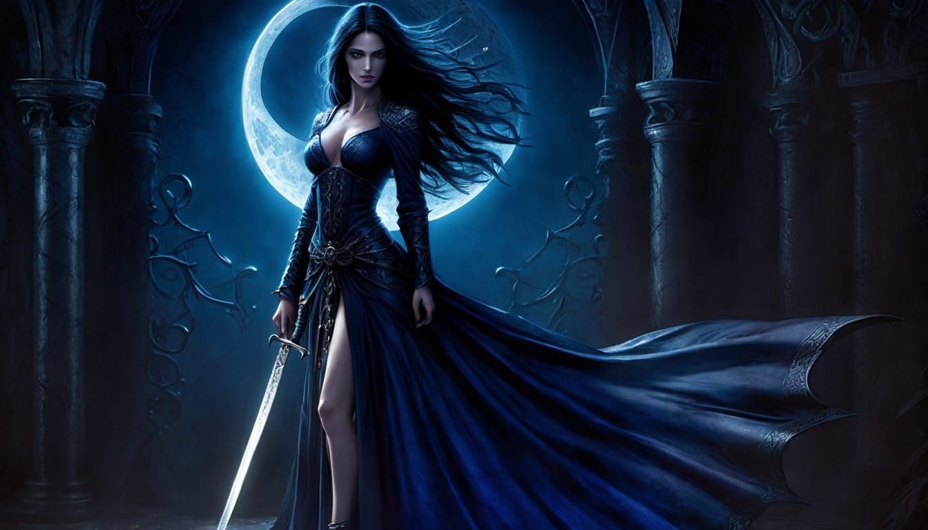 Dark Fantasy Warrior with Sword in Moonlit Shadows