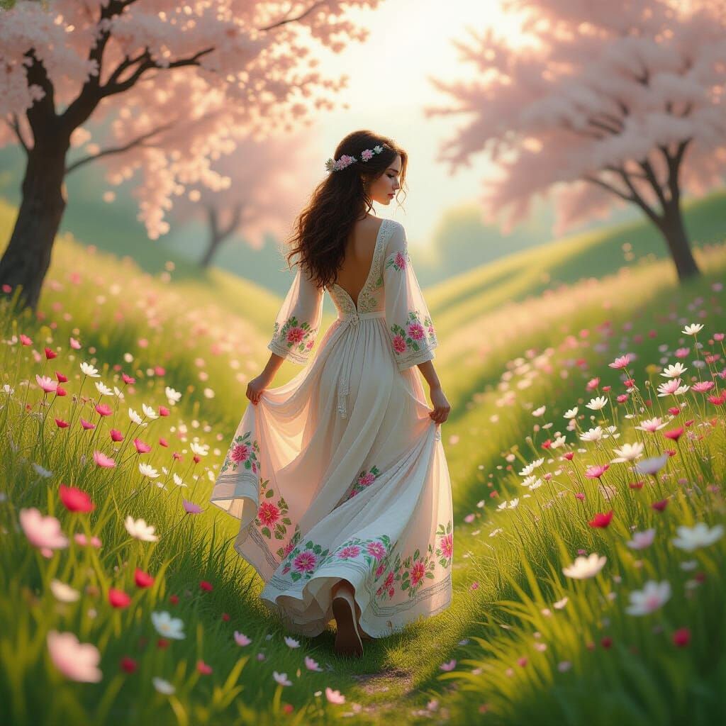 Floral Woman Summons Blossoms in Dreamlike Meadow