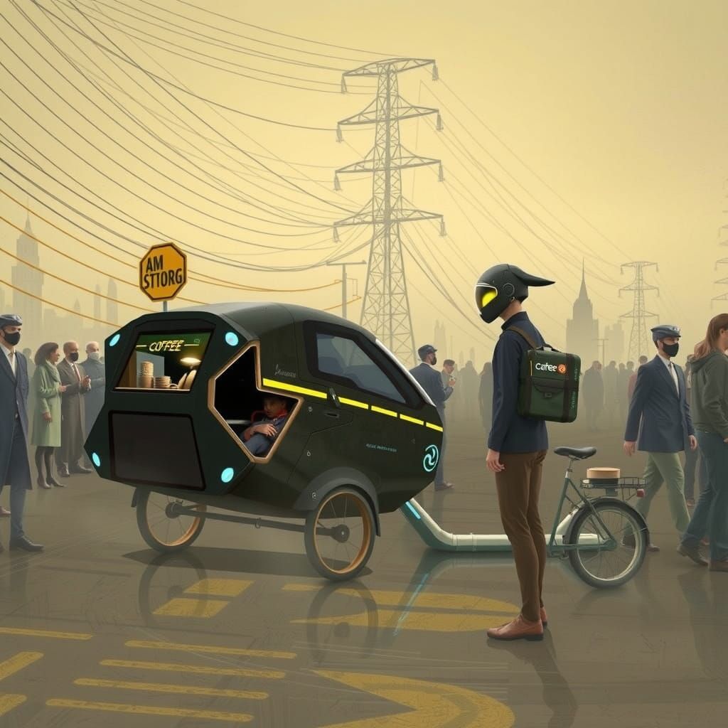 Futuristic Coffee Pod in Dynamic Cityscape