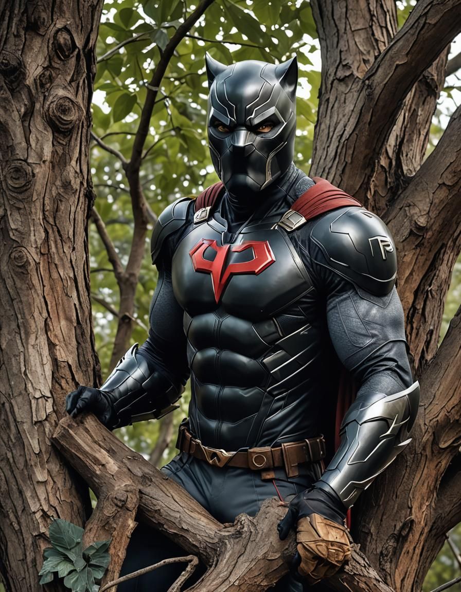 Panther Superhero Perched on Branch in Full Armor