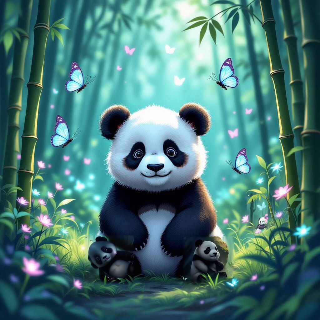 Cute Baby Panda in Mystical Rainforest with Butterflies