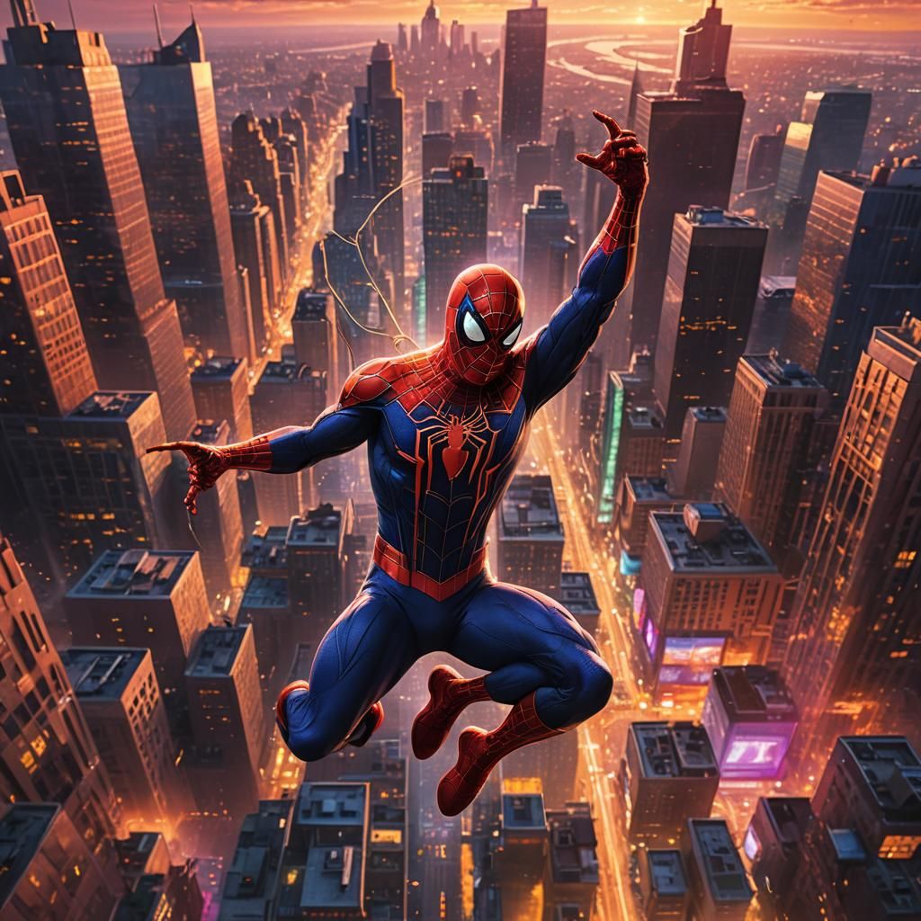 Spiderman Swings Through Mystical City at Sunset