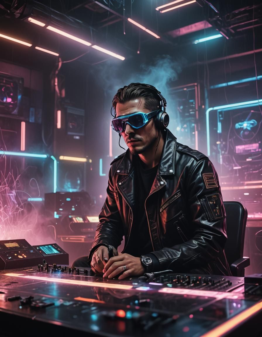 Cyberpunk Music Producer in Neon Recording Studio
