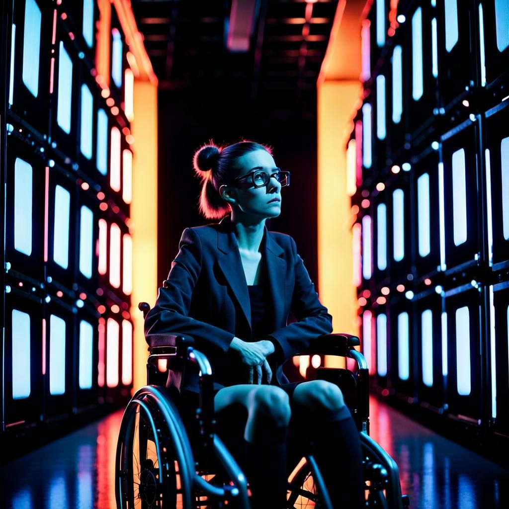 Cyberpunk Hacker in Dimly Lit Data Center